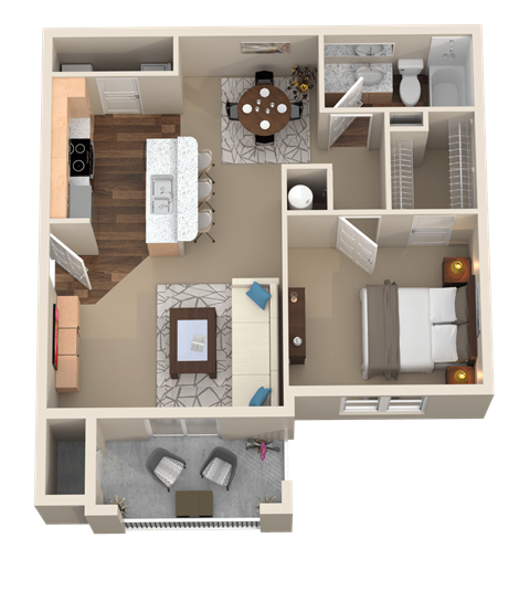 1 Bed 1 Bath 3D Floor Plan at Plantation Crossing, Lafayette